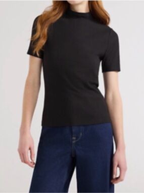 Free Assembly Black Ribbed Mock-Neck Short-Sleeve Sweater Top L